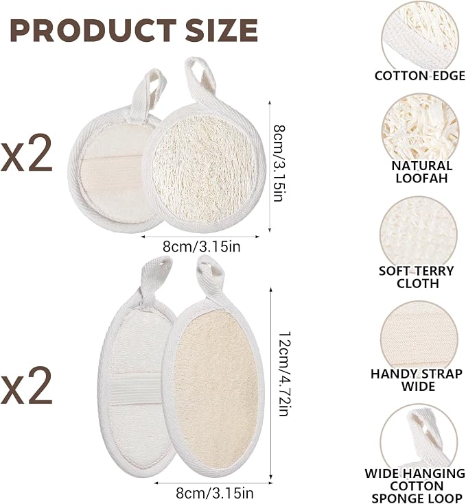 4PCS Loofah Sponge Exfoliating Body Scrubber, Natural Shower Bath Loofah Exfoliating Sponge, Face Body Exfoliator Scrubber for Women Men Bath Shower, Eco-Friendly (2 Styles)
