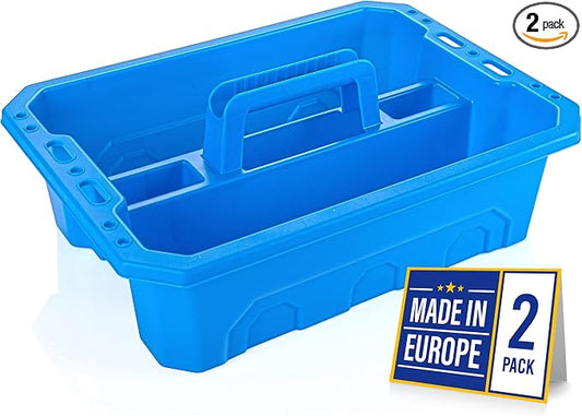 CANOPUS Storage Tray Tote with Functional Holes - 2 PCs Plastic Cleaning Caddy with Handle, Portable Caddy, Undersink Storage for Kitchen, Shoe Cleaning Box, Products Organizer, Blue