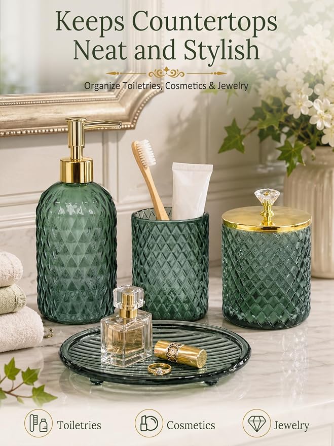 Haturi Glass Bathroom Accessories Set, Sage Green Bathroom Set, 4 Pcs | Kit w/ Bathroom Soap Dispenser Set, Toothbrush Holder, Qtip Holder,Soap Dish, Green Bathroom Decor, Gift for Home Apartment