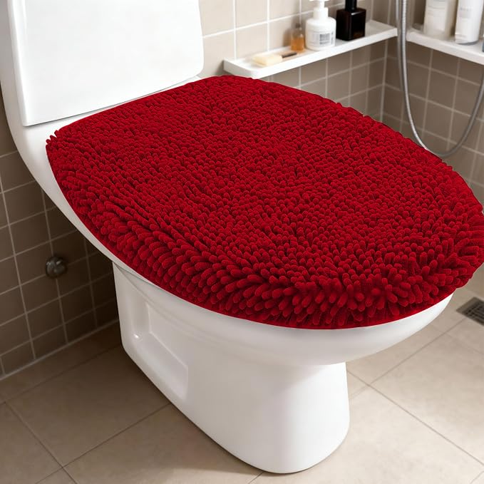 RUN HELIX Bathroom Toilet Lid Cover,Chenille Machine Washable Seat Covers, 17.5x15, Stays in Place Rubber Backing, Fits Most Round, Elongated and Oblong Lids, Accessories Decor,Burgundy