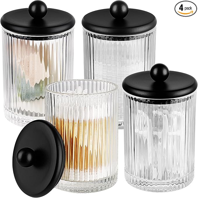 SheeChung 4 Pack Ribbed Glass Qtip Holder with Black Metal Lids | Apothecary Jars Bathroom Organizer Countertop Vanity Canister Set for Cotton Swabs, Rounds, Floss Picks-Modern Luxury Decor