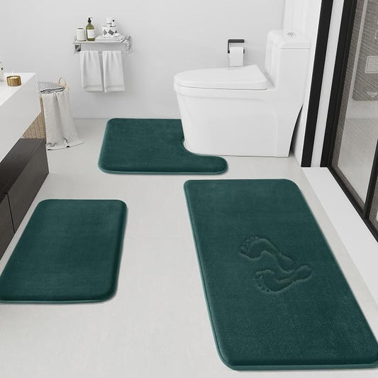HUXMEYSON Bathroom Rugs Sets 3 Piece, Non-Slip & Quick Dry Bath Mat Set, Ultra Soft Velvet Bath Rugs for Bathroom, Toilet and Shower Floor, Peacock Blue