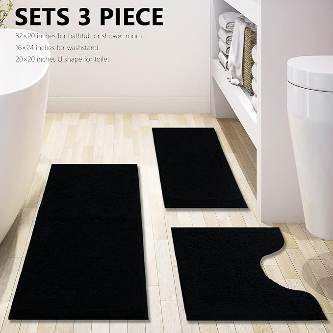Black Bathroom Rug Chenille 3-Piece Extra Soft and Absorbent Shag Bathroom Rugs, Machine Wash Mat, Strong PVC Non-Slip Underside, Plush Carpet Mats (Black)