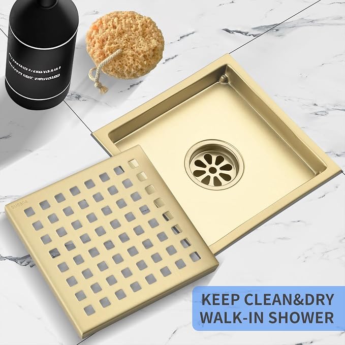 6 Inch Set of 2 Shower Drain 304 Stainless Steel ， Brushed Gold Square Shower Floor Drain Kit with Flange, Removable Cover Grille, Hair Filter for Bathroom, Kitchen, Balcony