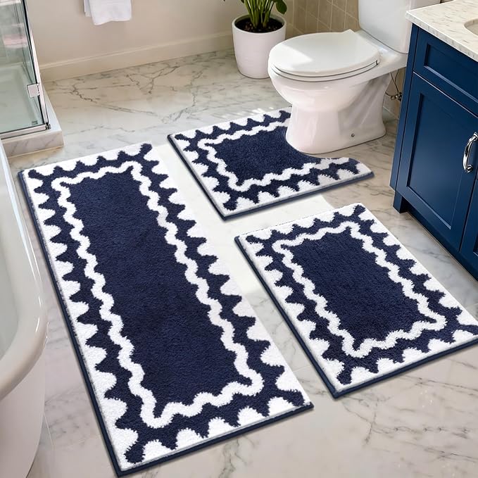 Findosom Bathroom Rugs Sets 5 Piece, Absorbent Soft Non-Slip Bath Rug Set | Washable Microfiber Shaggy Bath Mat Set with Bathroom Runner Rug, U-Shaped Toilet Rugs, Shower Rug & Toilet Lid Cover, Navy
