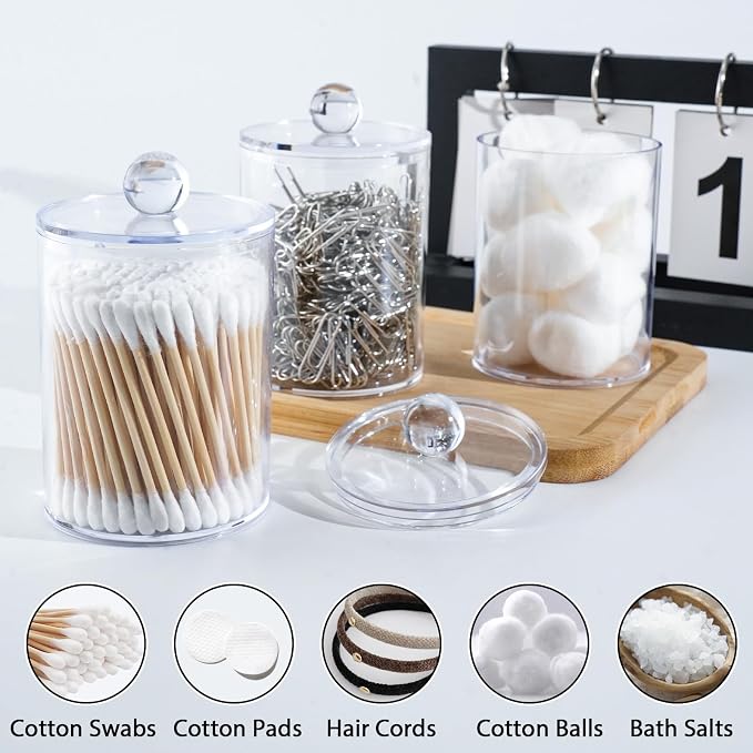 6 Pcs Acrylic Qtip Holder, Cotton Ball Holder Jars with Lids, Clear | Apothecary Jars for Cotton Swabs, Balls, Pads and Floss Picks, Bathroom Vanity Organizer