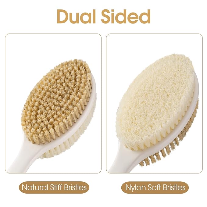 Back Scrubber Anti Slip for Shower, Long Handle Bath Brush with Stiff and Soft Bristles for Exfoliation, Dual-Use Shower and Dry Body Brush(Purple)