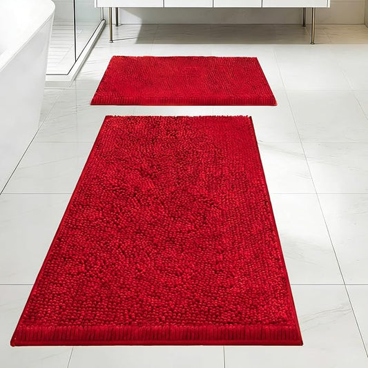 Bathroom Rugs Sets 2 Piece,Super Absorbent Soft,Thick,Machine Washable Chenille Bath Mat,Non Slip Toilet Floor Rug,Bath Mats for Bathroom,16x24 Plus 20x32 Shape,Red