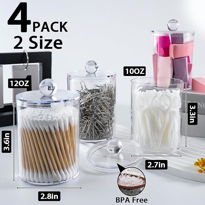 4 Pcs Acrylic Qtip Holder, Cotton Ball Holder Jars with Lids, Clear | Apothecary Jars for Cotton Swabs, Balls, Pads and Floss Picks, Bathroom Vanity Organizer
