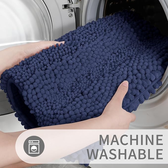 Yimobra U Shaped Toilet Rug Set, Absorbent Chenille, 24x17+24x20, Navy Blue | Non Slip Machine Washable Quick Dry Bath Mat Set, Soft Plush Shower Rugs for Bathroom Floor Sink Tub and Shower Outside