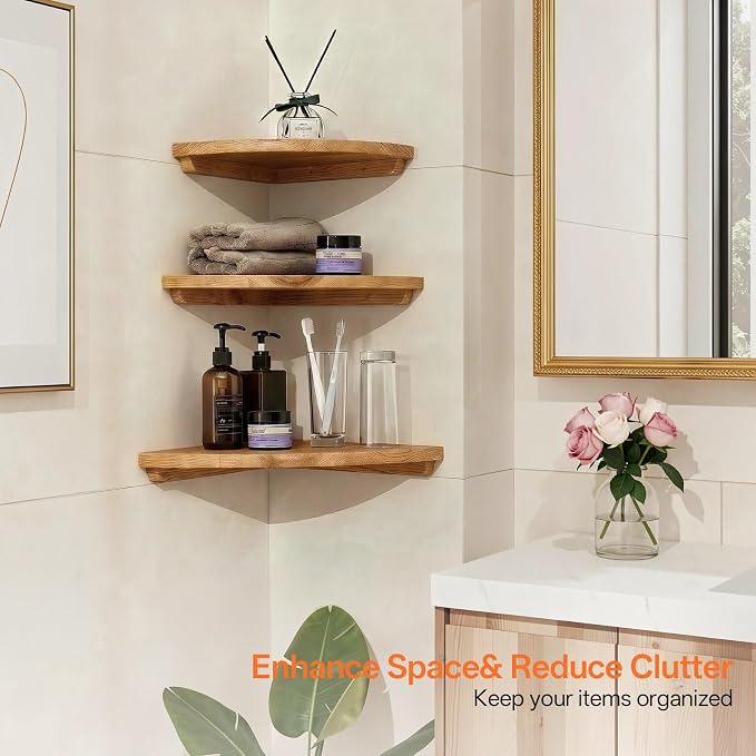 Floating Corner Shelves, Set of 3 Corner Wall Shelves with Cable Hole Soild Wood Wall Storage Display Wall Mounted Shelves for Plants, Photos, Speakers, Living Room, Bedroom, Bathroom, Kitchen