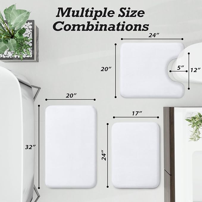Bathroom Rugs Sets 3 Piece, Non-Slip & Quick Dry Bath Mat Set, Ultra Soft Velvet Bath Rugs for Bathroom, Toilet and Shower Floor, White
