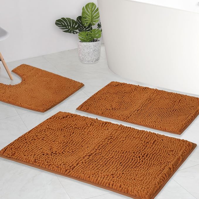 Bathroom Rugs Chenille Bath mat 3 Piece Set, Super Absorbent, Strong PVC Non Slip Backing, Bath mats for Bathroom, Plush Shaggy, Thick, Machine Washable, Bathtub, Toilet, Champagne