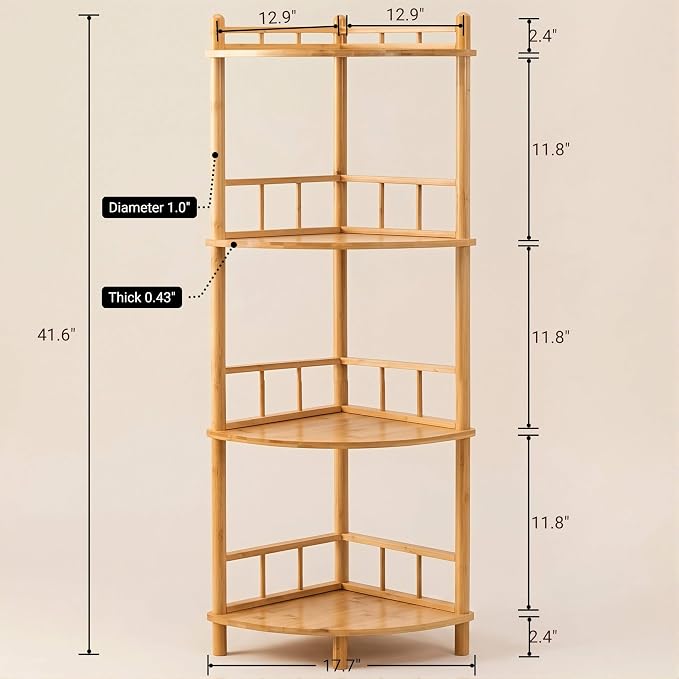 4-Tier Expandable Bamboo Corner Shelf Stand,Corner Bookshelf, Display Storage Shelves with Open Shelves, for Organization and Storage, Living Room, Home Office, Garage (Natural, 4-Tier WithRail)