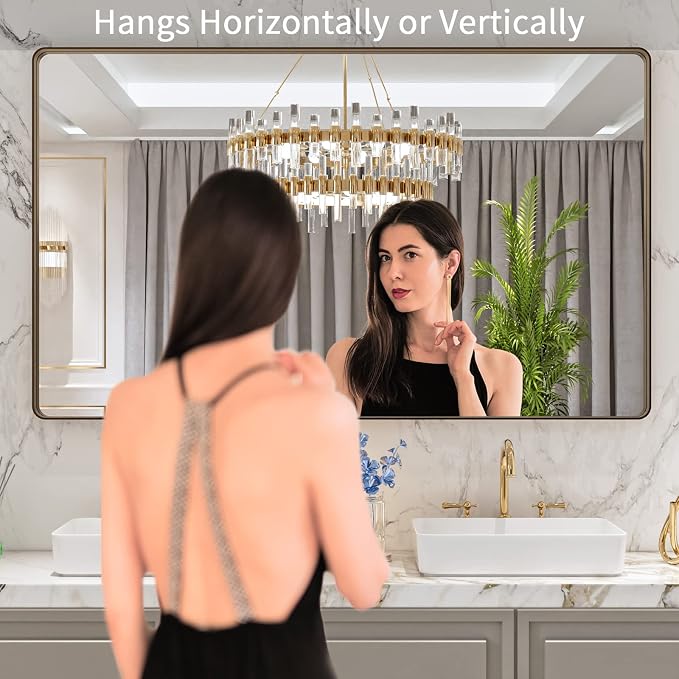 LOAAO 60"X36" Bronze Bathroom Mirror | Rounded Rectangle, Brushed Bronze Metal Frame, Anti-Rust, Tempered Glass, Hangs Horizontally or Vertically