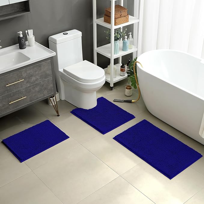 HOMEIDEAS Royal Blue Chenille Bathroom Rugs Set of 3, Non Slip Bath Mat | Super Absorbent, Soft Microfiber, Machine Washable, Stain Resistant, for Bathroom Decor