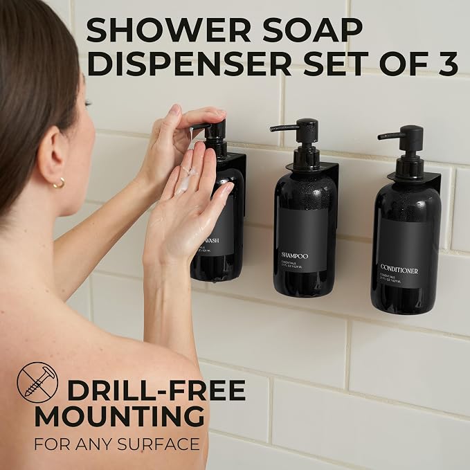 Stylish Shampoo & Conditioner Dispenser Set of 3 - Wall Mount, Drill Free | Modern 21oz Shower Soap Bottles with Labels - Easy Refill Body Wash Dispensers for an Instant Bathroom Decor Upgrade