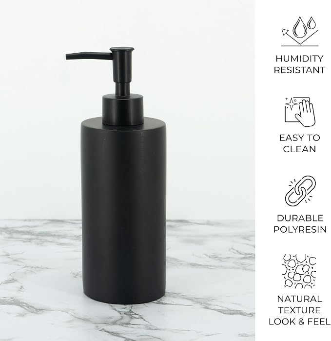 Bathroom Accessory Sets, 4 Pieces Bathroom Accessories Complete Set Vanity Countertop Accessory Set, Includes Lotion Dispenser Soap Pump, Toothbrush Holder and Tray (Matte Black Look Rounded)