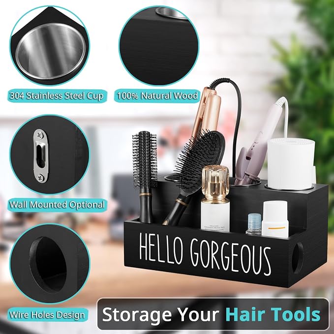 Bivvclaz Hair Tool Organizer, Wooden Hair Dryer Holder Countertop, Wall Mount Hot Tools Organizer for Hair Styling Accessories, Bathroom Supplies Vanity Caddy for Curling Wand, Blow Dryer, Black