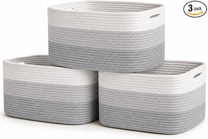 3-Toned Gray Cotton Rope Baskets for Shelves, Set of 3 - 15"×10"×9½" - Woven Storage Baskets for Organizing - Closet, Nursery, Bedroom, Playroom - Toys, Books, Towels, Clothes