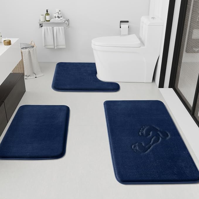 Bathroom Rugs Sets 3 Piece, Non-Slip & Quick Dry Bath Mat Set, Ultra Soft Velvet Bath Rugs for Bathroom, Toilet and Shower Floor, Navy