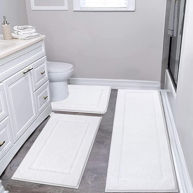 Pauwer Bathroom Rug Sets 3 Piece, Non Slip Washable Bath Mat, White | Soft Plush Microfiber, Super Absorbent Floor Carpet, U Shaped Toilet Mats, Quick Dry, Shaggy Shower Rugs Runners