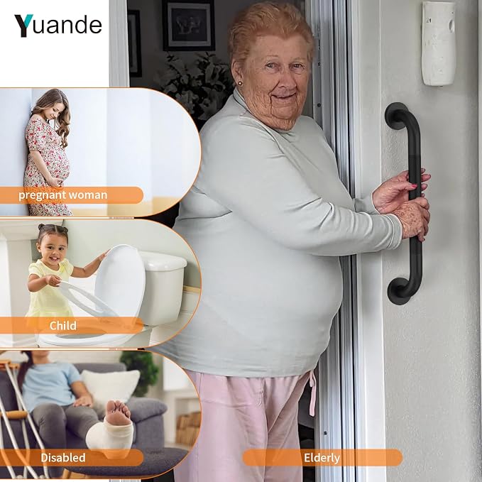 20 Inch Black Shower Grab Bar with Anti-Slip Knurled Grip,YuanDe Stainless Steel Bathroom Grab Bars，Shower Handrail Support, Handicap Elderly Balance Assist Handles