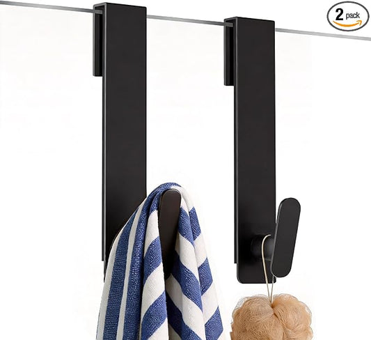Shower Door Hooks 8 Inch,Extended Heavy Duty Shower Hooks for Towels,Over the Towel Hooks for Bathroom Frameless Glass Door (Black,2 Pack)