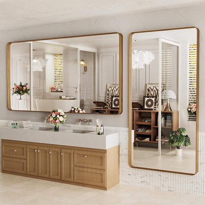 LOAAO 72X32 Inch Bathroom Mirror with Wood Grain Colored Metal Frame | Rounded Rectangle Metal Framed, Anti-Rust, Hangs Horizontally or Vertically, Tempered Glass