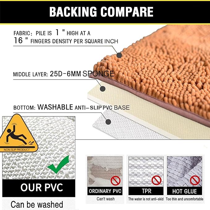 Bathroom Rugs Chenille 3-Piece Extra Soft and Absorbent Shag Bathroom Rugs, Machine Wash Mat, Strong PVC Non-Slip Underside, Plush Carpet Mats (Champagne)