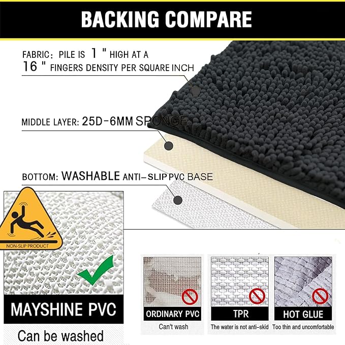 BOANKODU Bathroom Rugs Chenille Bath Mat Set 3-Piece Bath Rugs for Bathroom Extra Soft Bath Mats for Bathroom Non Slip Absorbent Shag Machine Washable, Strong PVC Underside (Grey)