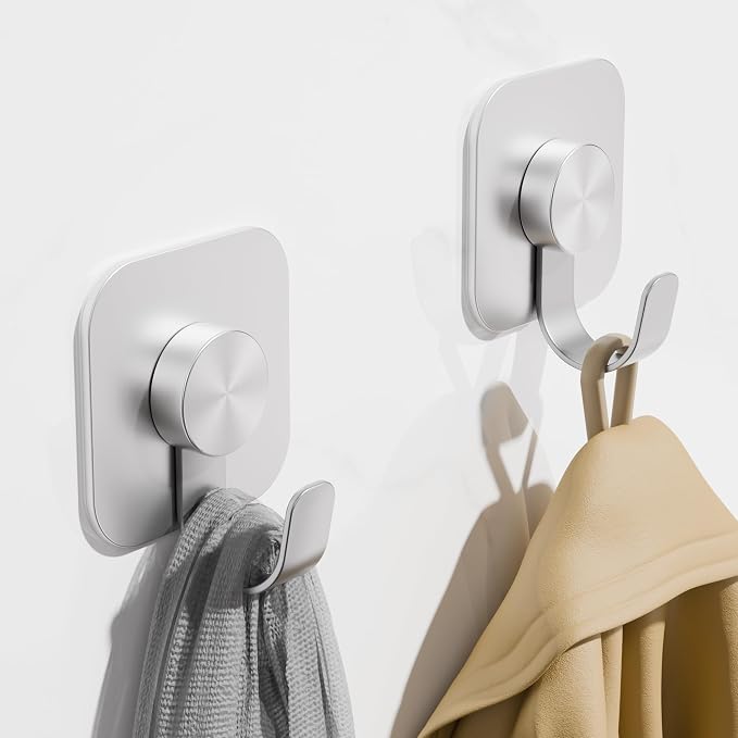 Aikzik 4 Pack Large Heavy Duty Wall Hooks - 26lb Max, Stainless Steel Adhesive Towel Hooks for Hanging Towel, Coat, Robe, Sticky Towel Holder for Wall Mount in Bathroom, Kitchen, Shower, Door - Silver