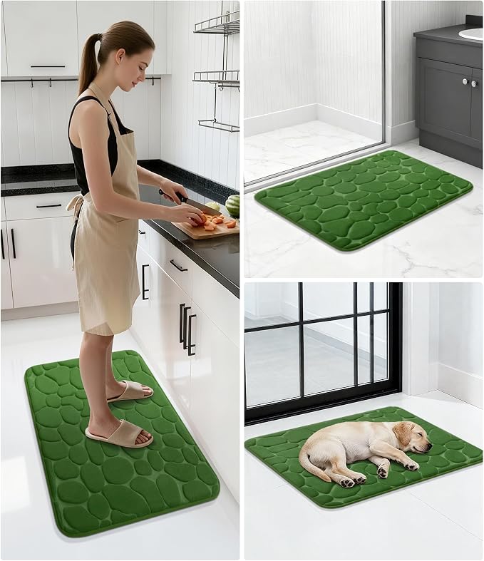 YIHOUSE Memory Foam Bath Mat Cobblestone Bathroom Rugs Super Water Absorbent Bath Mats for Bathroom Machine Washable Bath Rugs(20 x 47,Green)