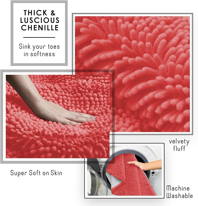 Hearth & Harbor Bathroom Rugs, Chenille Bath Mat - Machine Washable Bath Mats for Bathroom Non-Slip Backing Rubber, Quick Dry Bathroom Mat - Rose 17x24-20x24