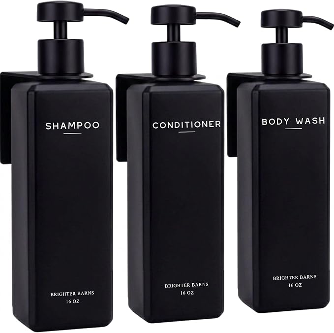 Black Shampoo and Conditioner Dispenser Set Wall Mounted by Brighter Barns - Shampoo Conditioner Body Wash Dispensers - No Drill Shower Soap Bottles for Hotel, RV, Spa, Airbnb, Vacation Rental (Black)
