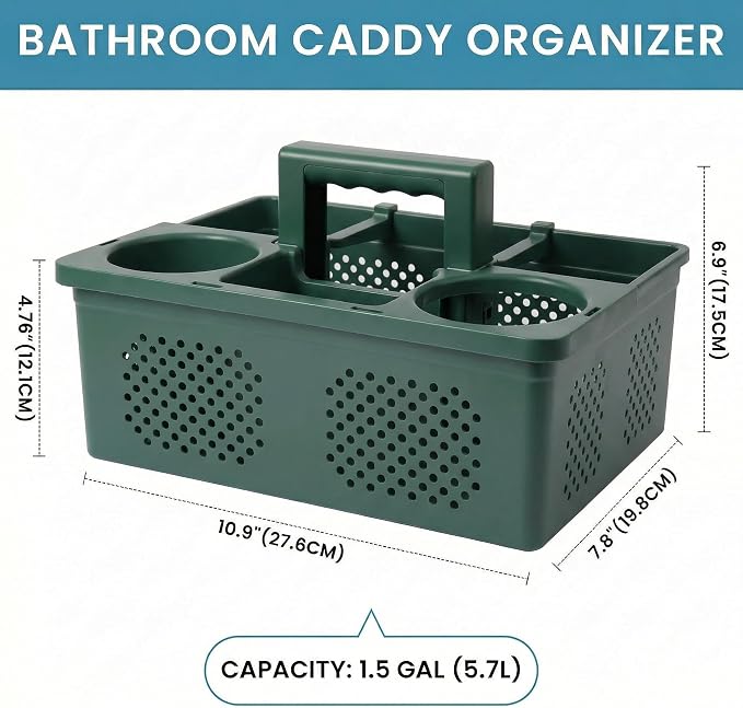 KMV Dorm Room Portable Shower Caddy with Adjustable Compartments - Ventilated Drainage Design with Handles, Perfect Toiletries Organizer for College Dorms-green