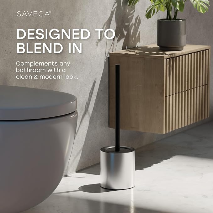 Toilet Bowl Brush and Holder Set for Bathroom – Silver | Stainless steel toilet brush set with enclosed holder and built-in splash guard for deep bathroom cleaning in silver