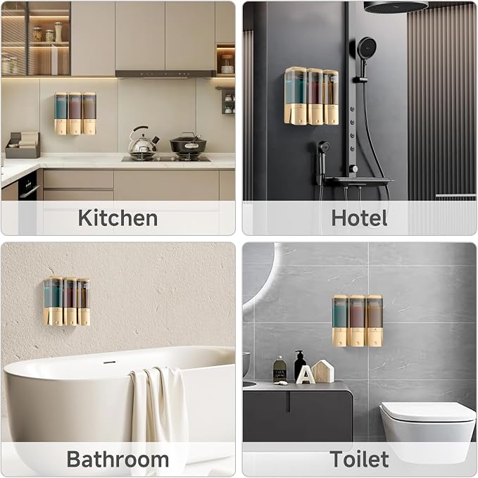 Shampoo and Conditioner Dispenser,Shower Dispenser 3 Chamber No Drill Shampoo Dispenser for Shower Wall Mounted Shower Soap Dispenser for Bathroom Hotel,Large Capacity 3 * 500ML,Gold