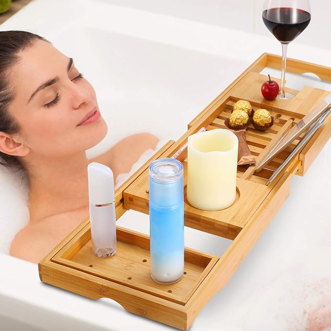 Moclever Bathtub Caddy Trays - Premium Bamboo Bath Trays with Extending Sides, Reading Rack, Tablet Holder, Cell Phone Tray and Luxury Wine Glass Holder - Natural Bamboo Color