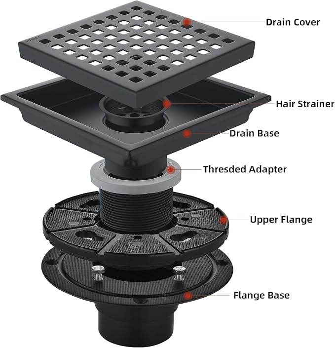 6 Inch Square Shower Drain with Flange,Matte Black，Quadrato Pattern Grate Removable,Food-Grade SUS 304 Stainless Steel，with Hair Strainer