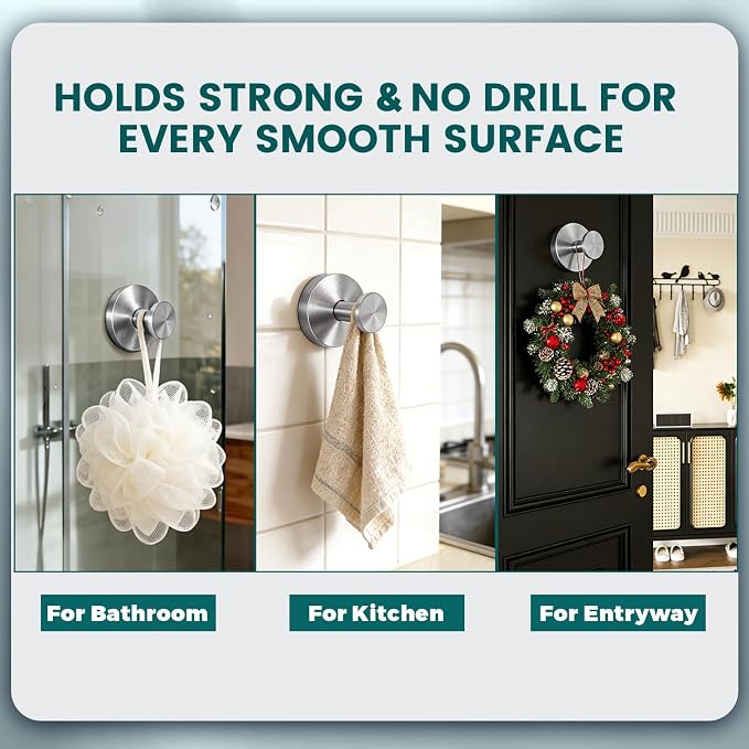2026 Upgraded Suction Cup Hooks for Shower, Heavy Duty Vacuum Lock No Drill Stainless Steel Hooks, Rustproof Silver Bathroom Towel Hooks for Glass Door Tile & Windows, 2 Pack