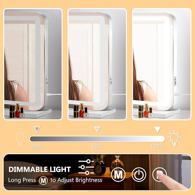Ratsamee 32"x24" Vanity Mirror with Lights, Led Makeup Mirror, Lighted Makeup Mirror with 3 Color Dimmable Lights, Smart Touch Screen Control, Aluminum Metal Frame,USB Charging Port