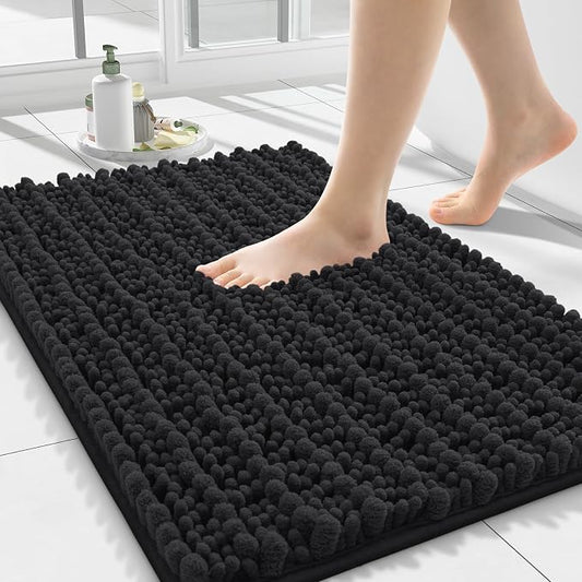 Smiry Bathroom Rugs 24X16, Extra Soft Rubber Backing Chenille Bath Mats | Black Machine Washable Non Slip Quick Dry Bath Mats for Bathroom Floor, Tub, Shower, Home Decor Accessories
