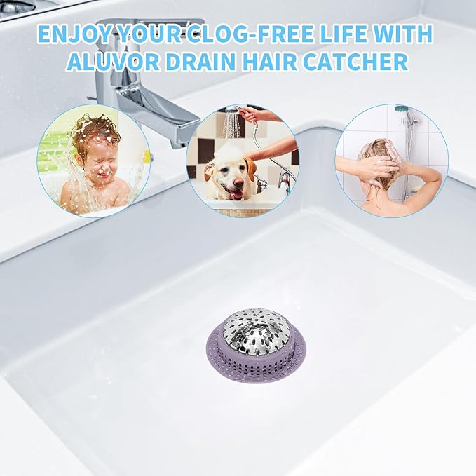 Aluvor Bathtub Drain Hair Catcher Shower Drain Cover Sink Drain Protector | Bathroom Sink & Bathtub Drain Strainer for Pop-Up & Regular Drains, purple