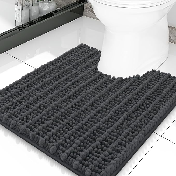 Smiry Bathroom Toilet Rugs U Shaped 20X20, Chenille Bath mats for Toilet | Dark Grey Extra Soft Absorbent Non Slip Rubber Backing Contour Bath Rugs for Toilet, Machine Washable Contoured Bath Mats