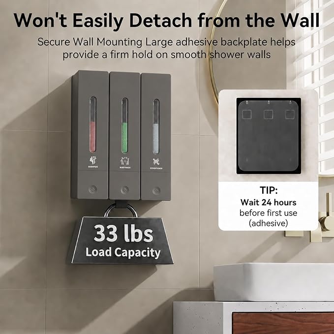 Shampoo and Conditioner Dispenser - Wall-Mounted 3-Chamber Shower Soap Dispenser, No-Drill, 1200ML Capacity, for Bathroom & Hotel