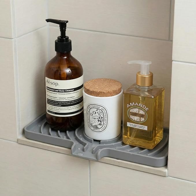 JACZZO Silicone Sponge Holder for Kitchen Sink, (10x4 In) Sink Caddy with Drain Spout, Self Draining Soap Tray & Organizer, Kitchen Accessories,Bathroom Organizer, Easy to Clean (Grey)