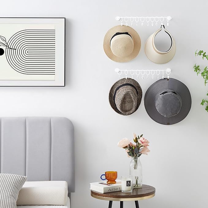 Viklluyr Hat Wall Rack Cap Organizer: Baseball Hat Racks Display Holder with 20 Hooks Modern Metal White Hats Storage Wall Mounted Caps Hanger Set of 2 for Closet Door Bedroom Entryway Laundry