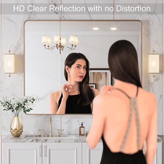 LOAAO 40”X36” Gold Bathroom Mirror, Rounded Rectangle Gold Frame Mirror, Brushed Gold Bathroom Vanity Mirror Wall-Mounted, Anti-Rust, Tempered Glass, Hangs Horizontally or Vertically | Rounded Rectangle, Brushed Gold Frame, Wall-Mounted, Anti-Rust, Tem...