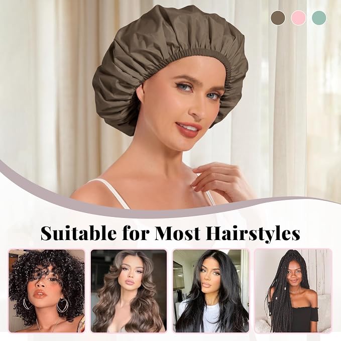 3Pcs Shower Cap for Women Reusable Waterproof, Bath Cap for Long Hair, Comfortable Showers Cap for Thick Curly Hair